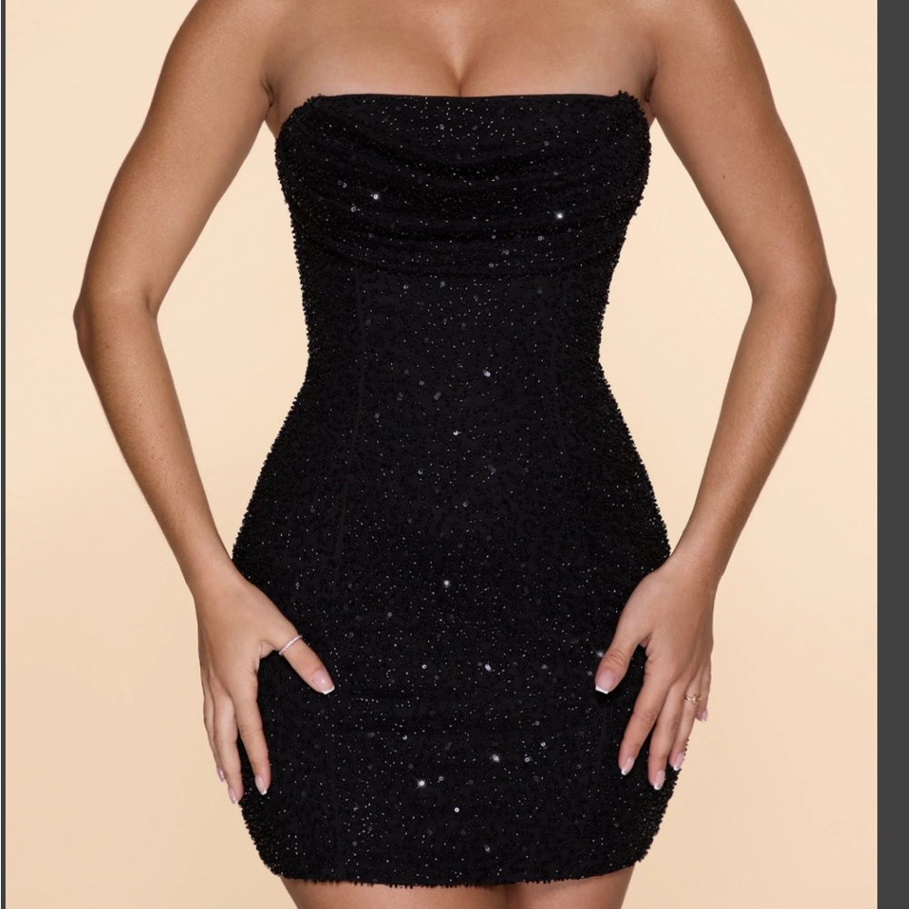 Embellished Strapless Cowl Neck Mini Dress in Black